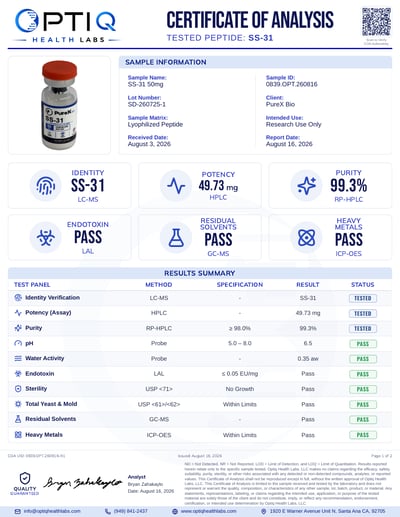 SS-31 (Elamipretide) 50 mg certificate of analysis