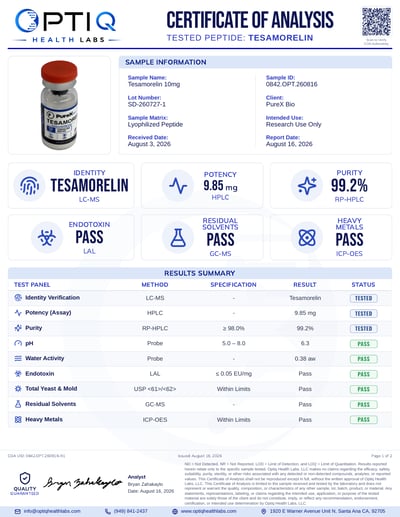 Tesamorelin 10mg 10 mg certificate of analysis