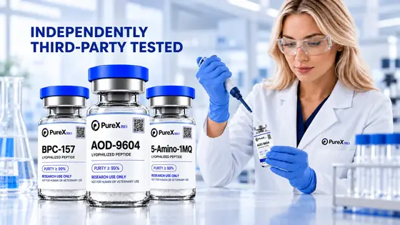 PureX Bio research peptide vials presented on a clean laboratory surface