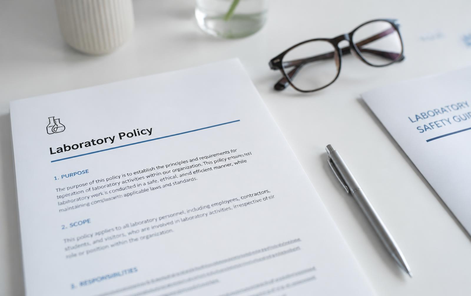 Printed laboratory policy documents on a white desk