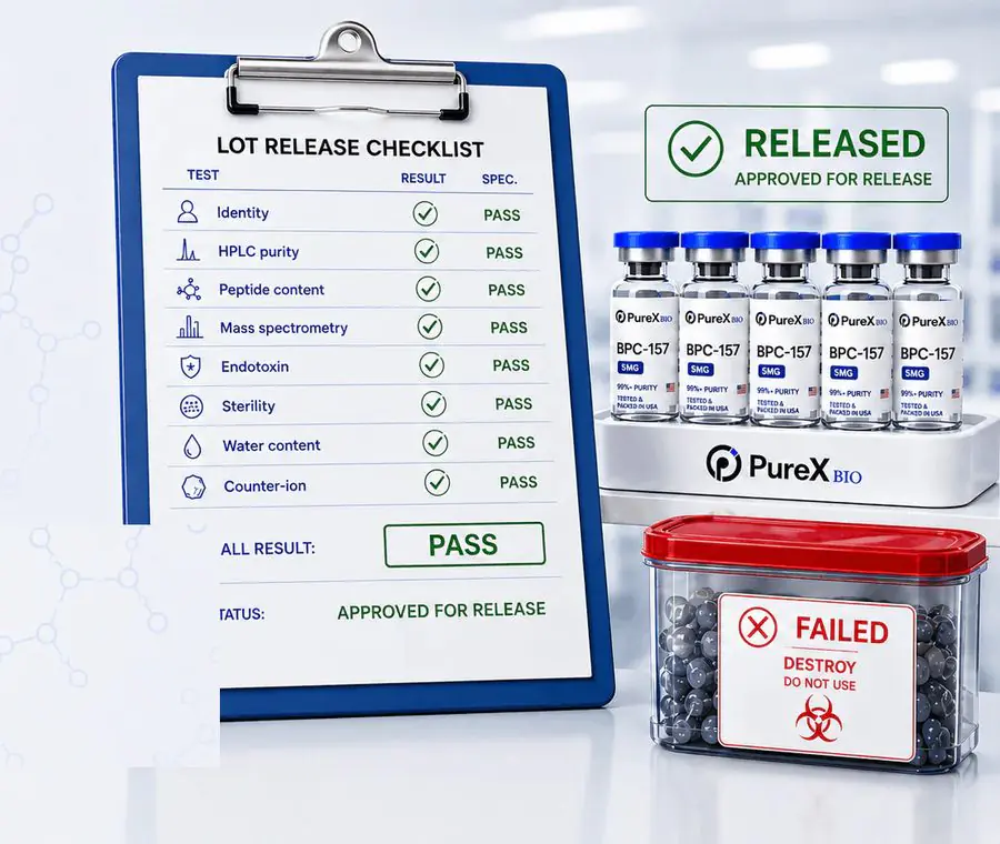 Analyst reviewing a lot release checklist beside sealed peptide vials